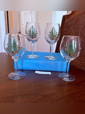 Set of 4 Cuthbertson Christmas Tree 10 Oz Glassware Wine Goblet Gold Rim #2